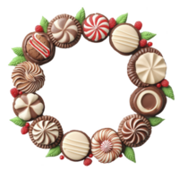 festive wreath made of assorted chocolate cookies, decorated with red berries and green leaves, creating delightful holiday treat. cookies feature various patterns and flavors png