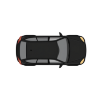 sleek black car viewed from above, showcasing its streamlined design and tinted windows, with visible headlights and taillights. image highlights vehicle modern and elegant appearance png