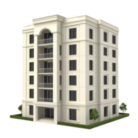 modern, beige apartment building with multiple floors and balconies, surrounded by small green shrubs, stands against transparency background. structure features large windows and symmetrical png