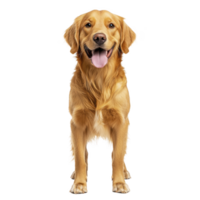 happy Golden Retriever stands facing forward, showcasing its shiny golden coat and friendly expression. dog tongue is out, adding to its joyful demeanor png
