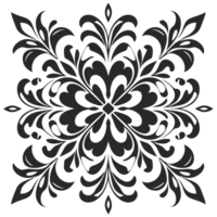Ornate black floral pattern with symmetrical design, featuring intricate leaves and curves, creating elegant and classic look. Perfect for wallpaper, textiles, or decorative elements png