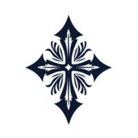 This features intricate black ornamental design with symmetrical floral pattern, resembling decorative cross. elegant design is set against plain background, highlighting its artistic details png