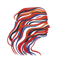This features colorful abstract illustration of woman profile with flowing, wavy lines in red, orange, blue, and black, creating dynamic and artistic effect png