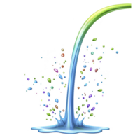 vibrant stream of colorful liquid splashes into pool, creating dynamic and lively scene. droplets are various colors, adding playful and energetic feel to image png