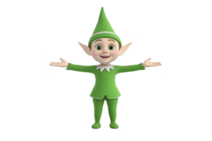 cheerful cartoon elf in green outfit with pointed hat and open arms, expressing joy and friendliness. elf has large ears and playful expression, embodying festive spirit png