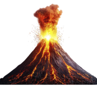 dramatic volcanic eruption with fiery lava and ash clouds showcases raw power of nature. glowing lava flows down mountain, creating striking visual contrast png