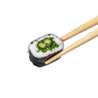 piece of sushi with cucumber and seaweed is held by chopsticks, showcasing fresh and appetizing appearance. sushi is wrapped in nori and filled with rice, cucumber, and seaweed png