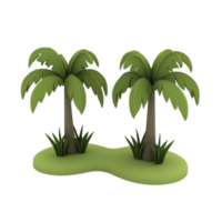 Two cartoon palm trees stand on small patch of green grass, evoking tropical island vibe. simple, playful design features lush green leaves and smooth, stylized appearance png