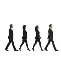 group of four business professionals in formal attire walking in line, symbolizing teamwork and collaboration. image conveys sense of unity and purpose png