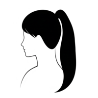 Silhouette of woman with ponytail, facing left, in profile view. image is simple and monochromatic, emphasizing outline of hairstyle and facial features png