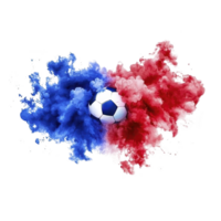 soccer ball is surrounded by vibrant blue and red smoke, creating dynamic and energetic visual effect. contrasting colors highlight motion and excitement of sport png