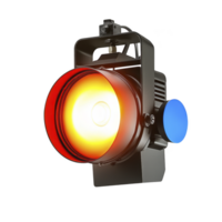 bright stage spotlight with red filter and blue adjustment knob, used for theatrical lighting, casting warm glow. light is mounted on metal frame, ideal for performances png