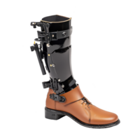 stylish brown leather boot with sleek black orthopedic brace attached, designed for support and comfort. combination of materials creates modern and functional look png