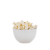white bowl filled with fluffy, freshly popped popcorn sits against plain background, evoking sense of cozy movie nights and snacking enjoyment png