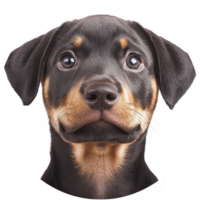 close up of cute Rottweiler puppy with expressive eyes and soft, shiny black and tan coat, looking directly at camera. image captures innocence and charm of young dog png