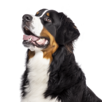 happy Bernese Mountain Dog with fluffy coat looks upward, showcasing its friendly and gentle nature. dog tricolor fur is prominently displayed, highlighting its distinctive markings png