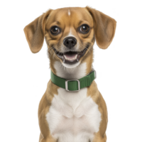 cheerful brown and white dog with green collar sits facing forward, displaying joyful expression. dog ears are perked up, and its eyes are bright and engaging png