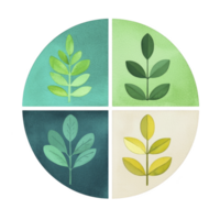 Four stylized leaves in circular design, each quadrant featuring different shade of green and yellow, creating harmonious and balanced composition png