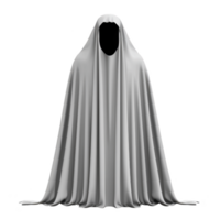 ghostly figure draped in flowing white sheet stands against transparency background, evoking sense of mystery and eeriness. fabric cascades smoothly, creating classic Halloween ghost appearance png
