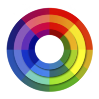 vibrant circular color wheel featuring spectrum of hues arranged in concentric layers, showcasing harmonious blend of primary and secondary colors png