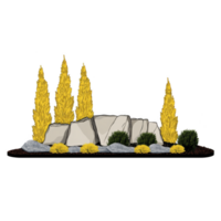 serene garden landscape features tall yellow shrubs, large gray rocks, and small green bushes, creating harmonious and natural setting png