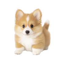 fluffy, adorable corgi puppy with curious expression sits against transparency background, showcasing its soft fur and playful demeanor png