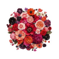 vibrante ramalhete do vários flores, Incluindo rosas e anêmonas, arranjado circular padronizar. composição características rico paleta do vermelhos, rosas, e roxos, criando animado e elegante floral png
