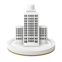 3D illustration of white, modern skyscraper with multiple windows, set on circular base, symbolizing urban architecture and city development png