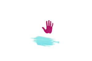 vibrant pink handprint hovers above light blue brushstroke, creating playful and artistic contrast on transparency background. image evokes creativity and spontaneity png