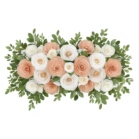 beautiful floral arrangement featuring white and peach roses surrounded by lush green leaves, creating elegant and fresh display png
