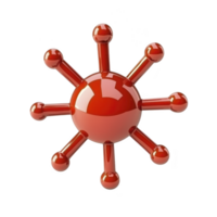 This features shiny red 3D model of virus with spherical center and protruding spikes, symbolizing microscopic organism. glossy surface reflects light, giving it modern, digital appearance png