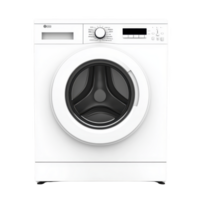 Front loading washing machine with sleek white design, featuring digital display and control knob for easy operation. Ideal for modern laundry rooms, offering efficient and quiet performance png
