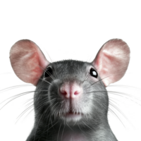 curious black rat with large ears and whiskers looks directly at camera against plain background. close up view highlights its shiny fur and bright eyes png