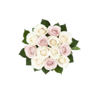 ramalhete do branco e Rosa rosas arranjado dentro circular padronizar com verde folhas, criando fresco e elegante floral exibição png