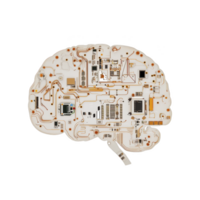 digital illustration of brain shaped circuit board, symbolizing fusion of technology and human intelligence. intricate design features various electronic components and pathways png