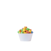 white bowl filled with colorful, vibrant cereal pieces, showcasing variety of bright hues. cereal is arranged neatly, creating cheerful and inviting appearance png