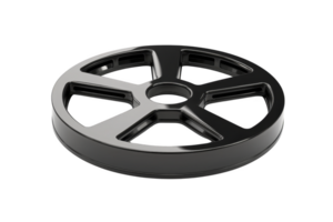 sleek black metal wheel with modern design, featuring five spokes and central hole, is displayed against transparency background. wheel glossy finish adds touch of elegance png