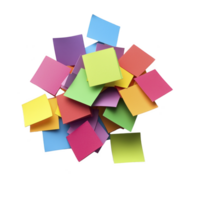 vibrant collection of colorful sticky notes scattered randomly, showcasing variety of bright hues including yellow, pink, blue, green, and orange, creating playful and dynamic visual png