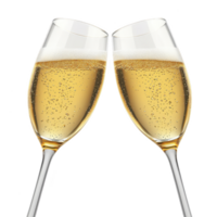 Two champagne glasses filled with bubbly golden liquid clink together in celebration, creating festive and joyful atmosphere. sparkling wine is effervescent, with bubbles rising to surface png