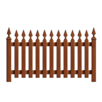 wooden picket fence with pointed tops stands upright, showcasing classic design. rich brown color and vertical slats create traditional and rustic appearance png