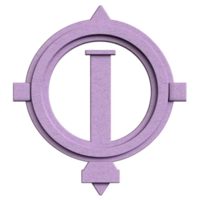 This features purple circular emblem with vertical line intersecting center, surrounded by textured surface. design includes arrow like points top and bottom, giving it symmetrical appearance png