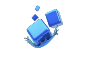 Two blue ice cubes splash into water, creating dynamic and refreshing scene. cubes are in mid air, surrounded by water droplets, conveying sense of coolness and energy png