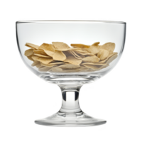 clear glass bowl filled with crispy, golden chips is elegantly displayed, highlighting contrast between transparent glass and textured snack. simplicity of presentation emphasizes inviting nature png