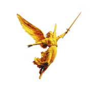 golden angelic figure with wings and sword is depicted in dynamic pose, symbolizing strength and protection. figure is illuminated, creating sense of divine presence and majesty png