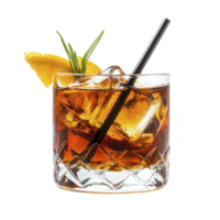 refreshing cocktail in crystal glass with ice cubes, garnished with orange slice and rosemary, evokes sense of elegance and sophistication png