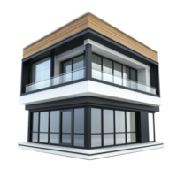 modern two story building with large glass windows and flat roof, featuring sleek design and balcony on upper floor. structure combines dark and light colors for contemporary look png