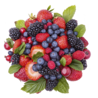 vibrant assortment of fresh berries including strawberries, blueberries, raspberries, and blackberries, beautifully arranged with green leaves, creating colorful and appetizing display png