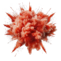 vibrant explosion of red powder creates dynamic and energetic burst, with particles radiating outward in dramatic display. image captures motion and intensity of explosion png