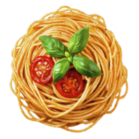 nest of cooked spaghetti topped with fresh basil leaves and sliced cherry tomatoes, creating vibrant and appetizing presentation png