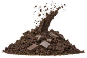 pile of rich, dark cocoa powder with scattered chocolate chunks creates tempting and indulgent scene, perfect for dessert lovers and baking enthusiasts png